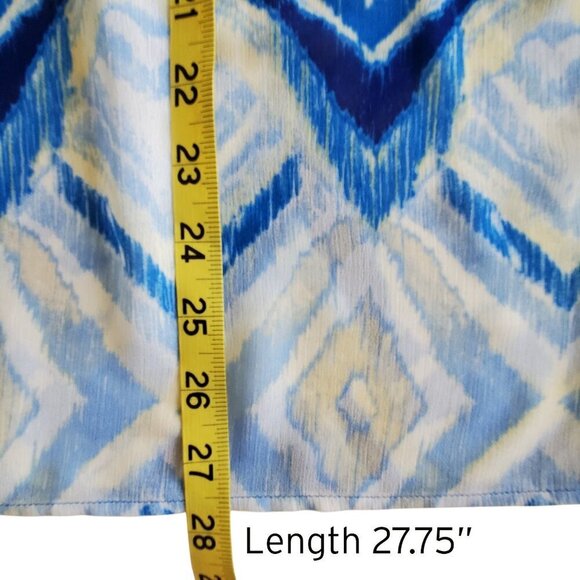 Chico’s Printed Crepe Poncho Top Abstract Tribal Blue Yellow Size Medium - Picture 10 of 12